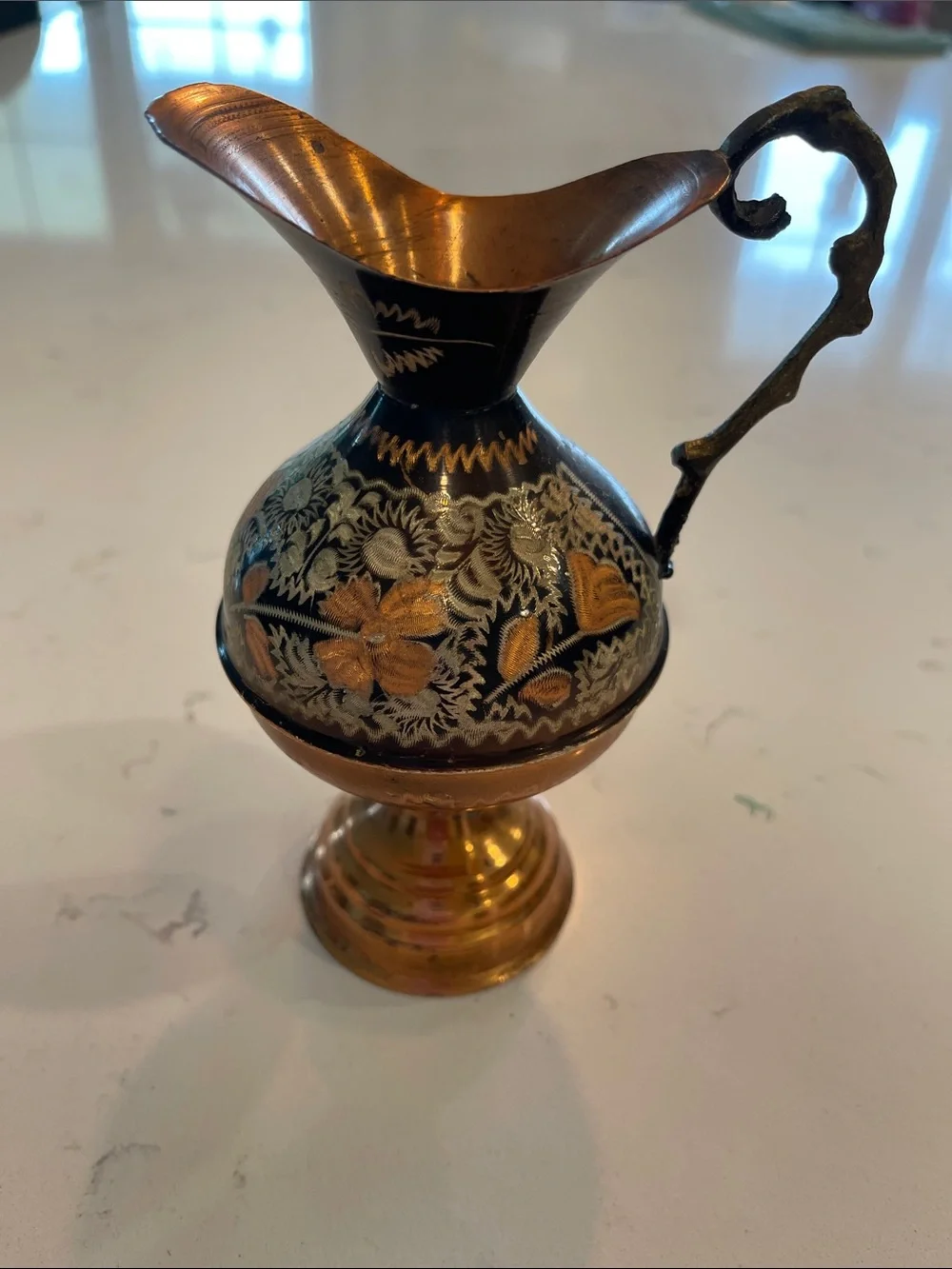 Vintage Copper Hand-Engraved Floral Motif 6” Decorative Pitcher/Vase